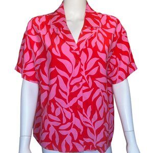 A New Day Button Up Womens M Red Pink Leaf Print 100% Rayon Short Sleeve